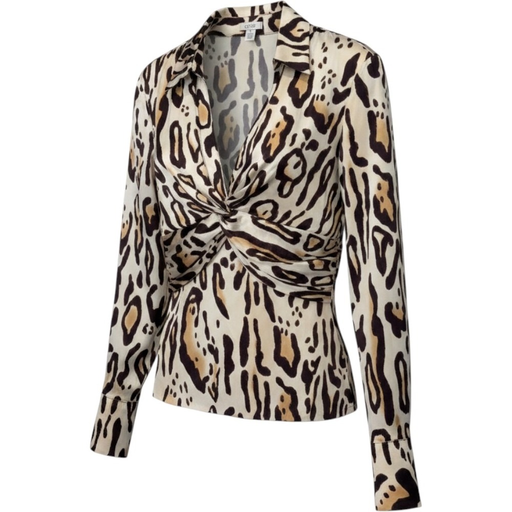 Cache Leopard Twist Front Blouse Size Large Brown Tan Animal Print Long Sleeve